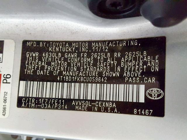 4T1BD1FK8CU059642 - 2012 TOYOTA CAMRY HYBR SILVER photo 10