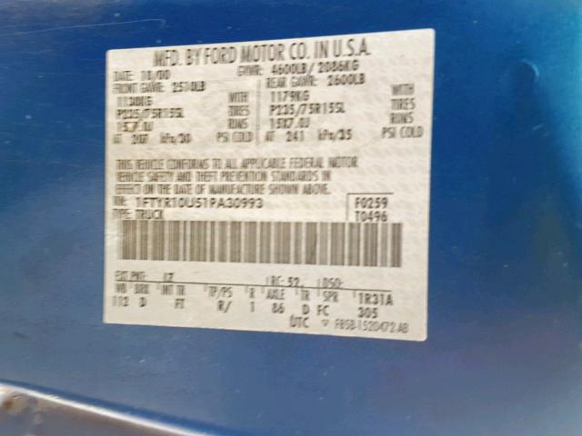 1FTYR10U51PA30993 - 2001 FORD RANGER BLUE photo 10