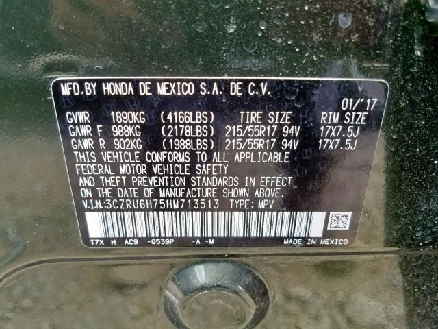 3CZRU6H75HM713513 - 2017 HONDA HR-V EXL GREEN photo 10