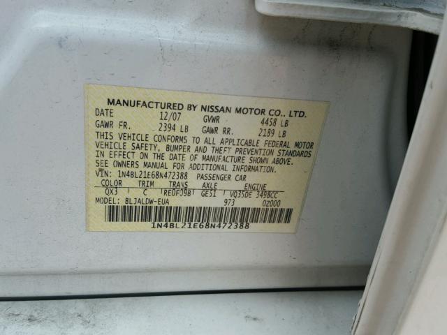 1N4BL21E68N472388 - 2008 NISSAN ALTIMA 3.5 WHITE photo 10