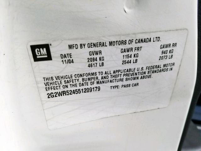 2G2WR524551209179 - 2005 PONTIAC GRAND PRIX WHITE photo 10