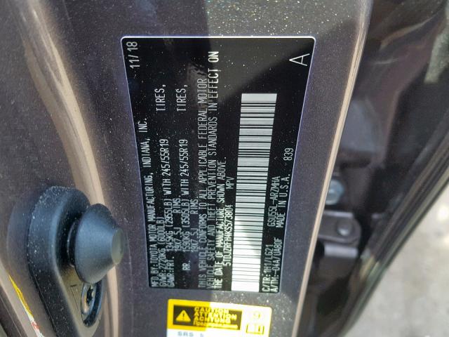 5TDJZRFH4KS573804 - 2019 TOYOTA HIGHLANDER GRAY photo 10