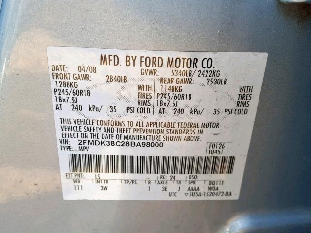 2FMDK38C28BA98000 - 2008 FORD EDGE SEL BLUE photo 10