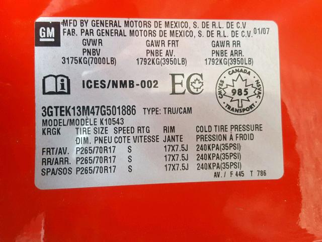 3GTEK13M47G501886 - 2007 GMC NEW SIERRA RED photo 10