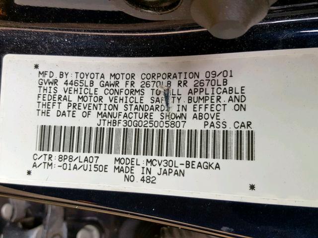 JTHBF30G025005807 - 2002 LEXUS ES 300 BLUE photo 10