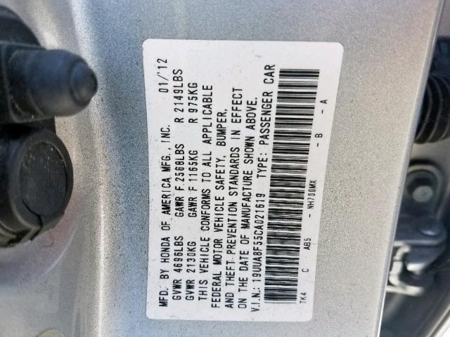 19UUA8F55CA021619 - 2012 ACURA TL SILVER photo 10