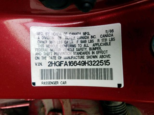 2HGFA16649H322515 - 2009 HONDA CIVIC LX-S Qırmızı foto 10