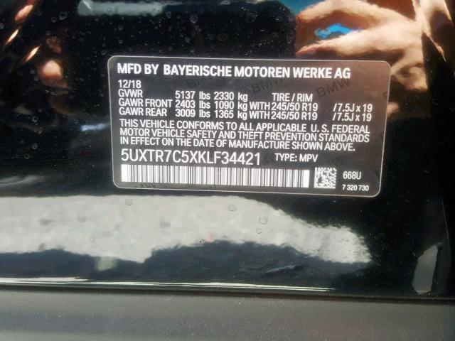 5UXTR7C5XKLF34421 - 2019 BMW X3 SDRIVE3 BLACK photo 10