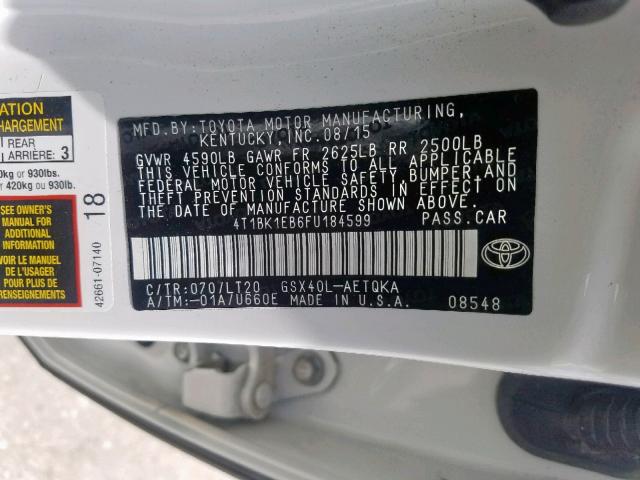 4T1BK1EB6FU184599 - 2015 TOYOTA AVALON XLE WHITE photo 10