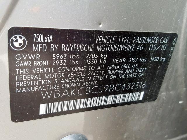 WBAKC8C59BC432316 - 2010 BMW 7 SERIES ნაცრისფერი ფოტო 10