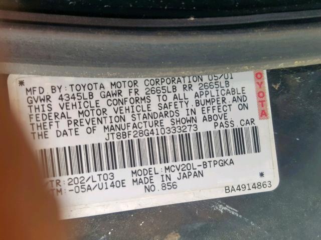 JT8BF28G410333273 - 2001 LEXUS ES 300 BLACK photo 10