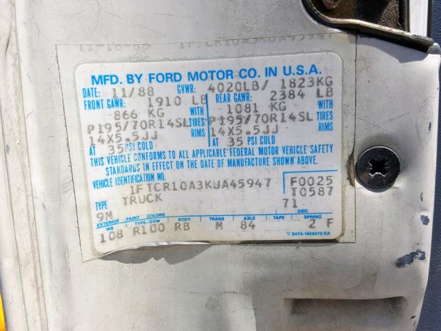 1FTCR10A3KUA45947 - 1989 FORD RANGER WHITE photo 10