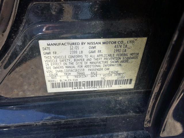 1N4BL11D56C161559 - 2006 NISSAN ALTIMA SE BLACK photo 10