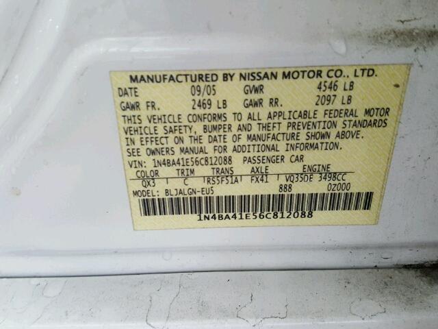 1N4BA41E56C812088 - 2006 NISSAN MAXIMA SE WHITE photo 10