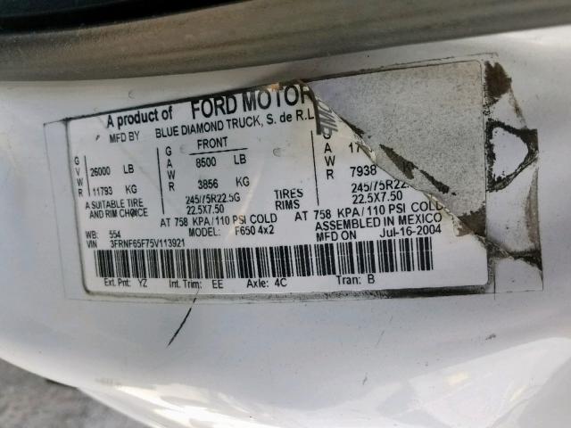 3FRNF65F75V113921 - 2005 FORD F650 SUPER WHITE photo 10