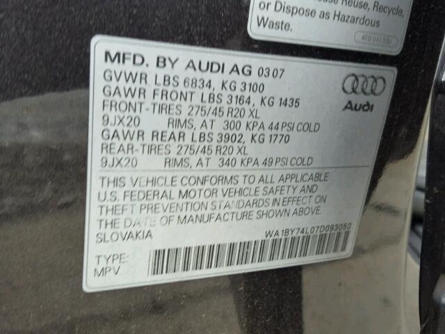 WA1BY74L07D093050 - 2007 AUDI Q7 3.6 QUA BLACK photo 10