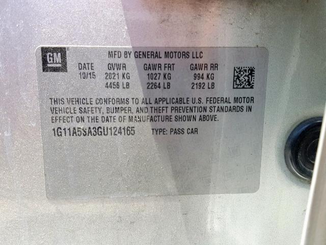 1G11A5SA3GU124165 - 2016 CHEVROLET MALIBU LIM SILVER photo 10