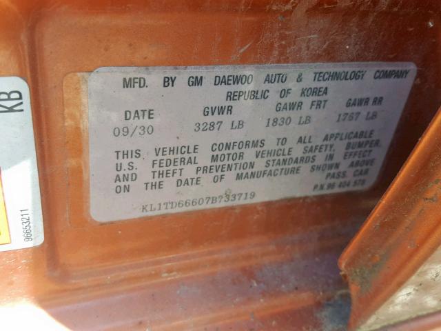 KL1TD66607B733719 - 2007 CHEVROLET AVEO BASE Narıncı foto 10