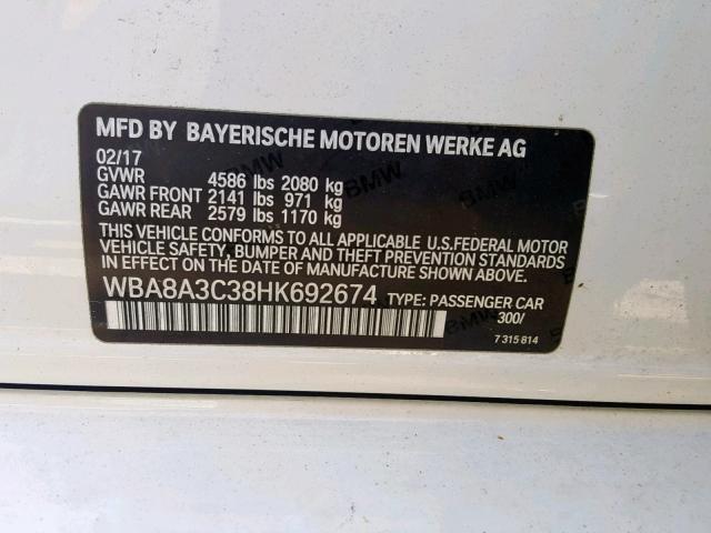 WBA8A3C38HK692674 - 2017 BMW 320 XI WHITE photo 10