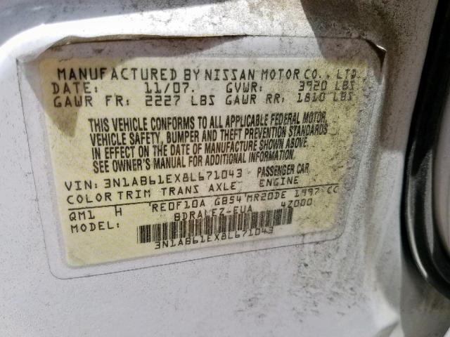 3N1AB61EX8L671043 - 2008 NISSAN SENTRA 2.0 WHITE photo 10