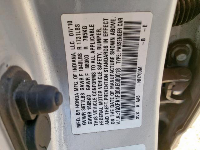 19XFA1F30AE080018 - 2010 HONDA CIVIC VP SILVER photo 10