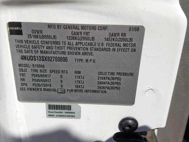 4NUDS13SX82700806 - 2008 ISUZU ASCENDER S 白色 照片 10