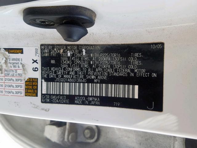 JTEGD21A860138640 - 2006 TOYOTA HIGHLANDER WHITE photo 10