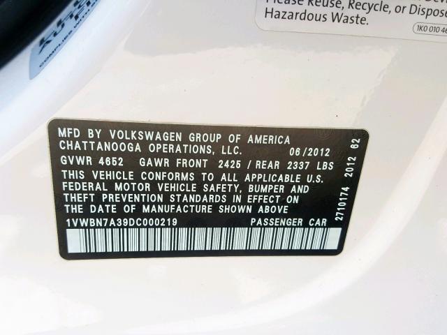 1VWBN7A39DC000219 - 2013 VOLKSWAGEN PASSAT SE WHITE photo 10