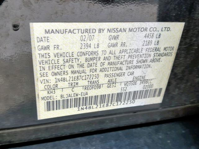 1N4BL21E87C172250 - 2007 NISSAN ALTIMA 3.5 BLACK photo 10