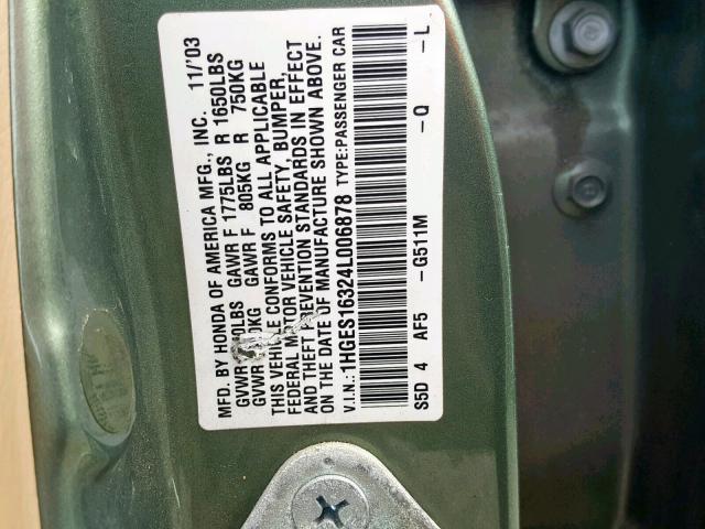 1HGES16324L006878 - 2004 HONDA CIVIC DX V GREEN photo 10