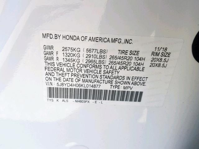 5J8YD4H06KL014877 - 2019 ACURA MDX WHITE photo 10