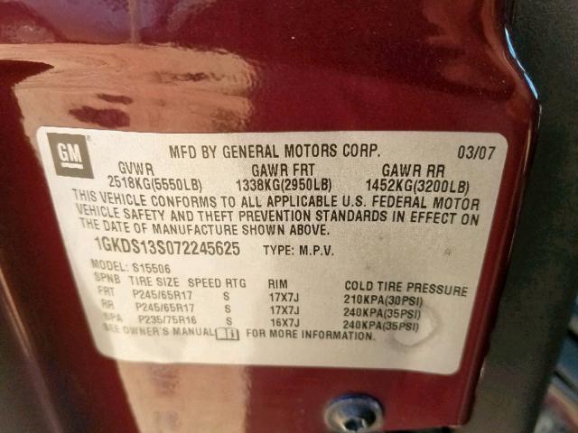 1GKDS13S072245625 - 2007 GMC ENVOY BURGUNDY photo 10