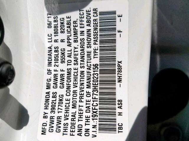 19XFC1F73HE023156 - 2017 HONDA CIVIC EXL 白色 照片 10