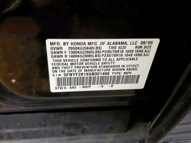 5FNYF281X6B001466 - 2006 HONDA PILOT LX BLACK photo 10