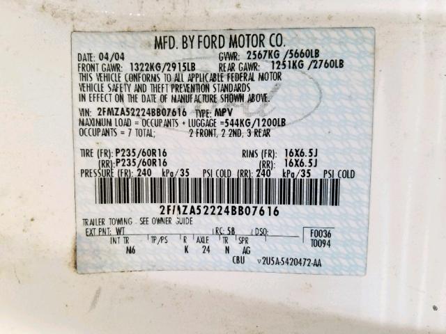 2FMZA52224BB07616 - 2004 FORD FREESTAR S WHITE photo 10