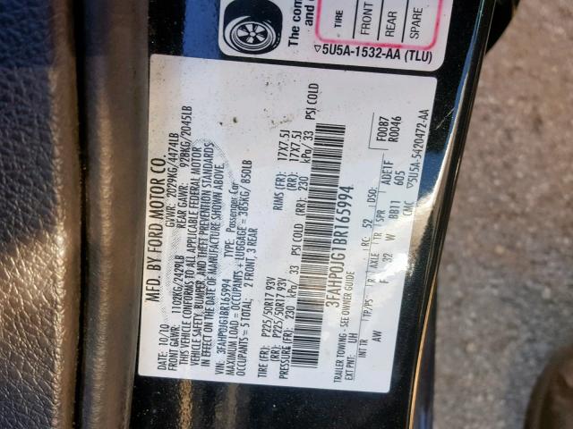 3FAHP0JG1BR165994 - 2011 FORD FUSION SEL BLACK photo 10