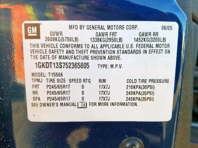 1GKDT13S752365805 - 2005 GMC ENVOY BLUE photo 10