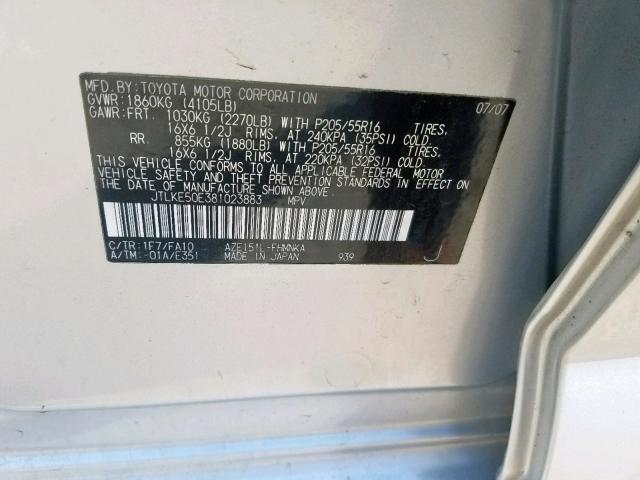 JTLKE50E381023883 - 2008 TOYOTA SCION XB SILVER photo 10