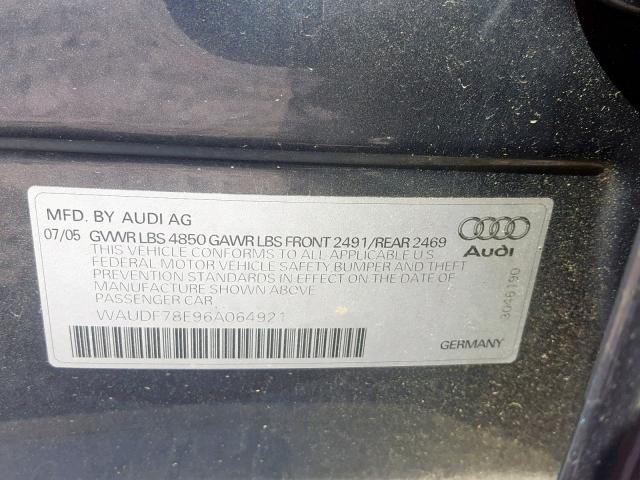 WAUDF78E96A064921 - 2006 AUDI A4 2.0T QU GREEN photo 10