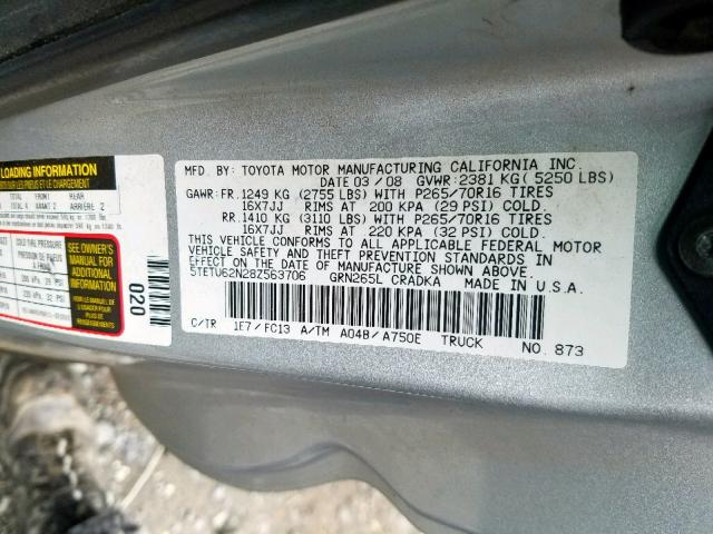 5TETU62N28Z563706 - 2008 TOYOTA TACOMA PRE GRAY photo 10