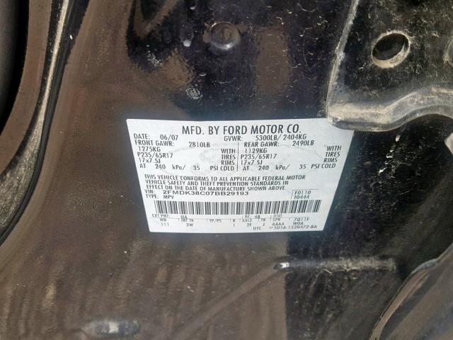 2FMDK38C07BB29193 - 2007 FORD EDGE SEL BLACK photo 10