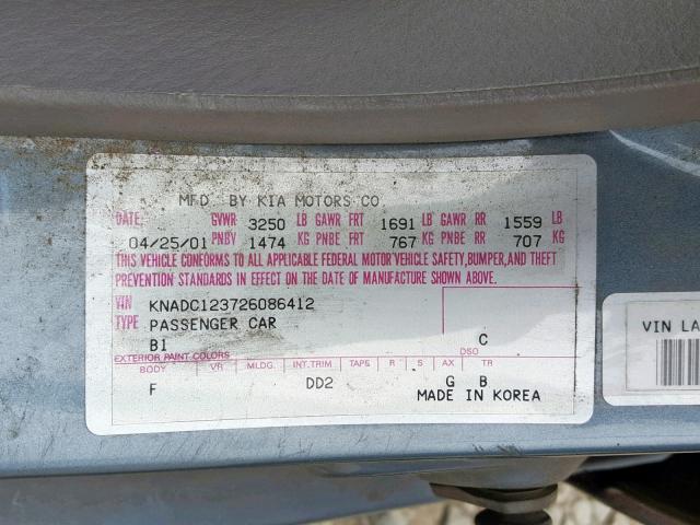 KNADC123726086412 - 2002 KIA RIO BLUE photo 10