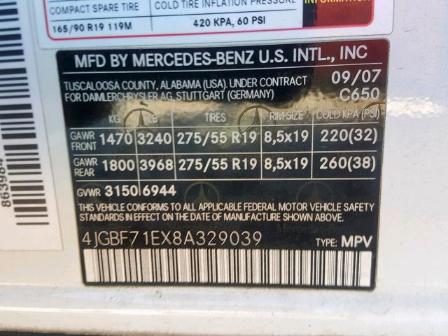 4JGBF71EX8A329039 - 2008 MERCEDES-BENZ GL 450 4MA WHITE photo 10