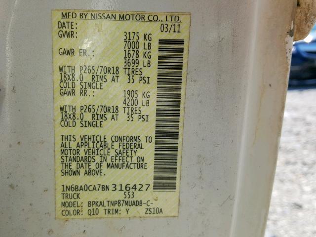 1N6BA0CA7BN316427 - 2011 NISSAN TITAN S WHITE photo 10