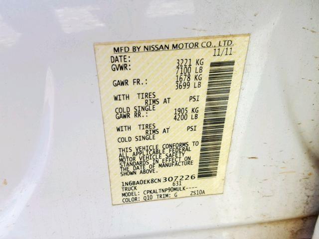 1N6BA0EK8CN307226 - 2012 NISSAN TITAN S WHITE photo 10