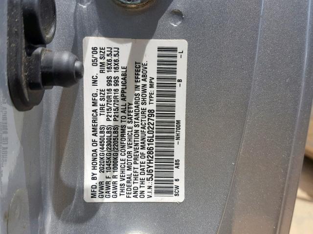 5J6YH28616L022798 - 2006 HONDA ELEMENT EX SILVER photo 10