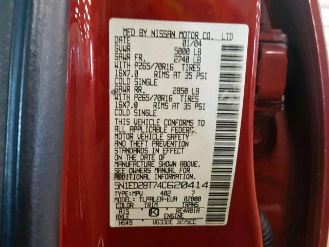 5N1ED28T74C620414 - 2004 NISSAN XTERRA XE RED photo 10