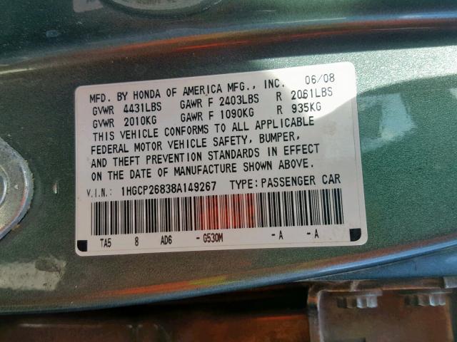 1HGCP26838A149267 - 2008 HONDA ACCORD EXL GREEN photo 10