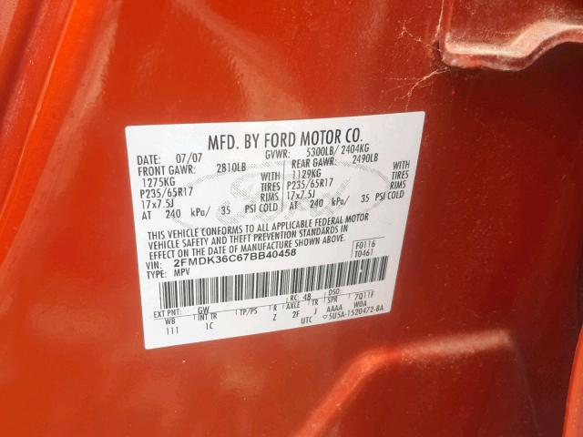 2FMDK36C67BB40458 - 2007 FORD EDGE SE ORANGE photo 10