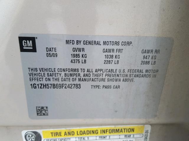 1G1ZH57B69F242783 - 2009 CHEVROLET MALIBU 1LT TAN photo 10